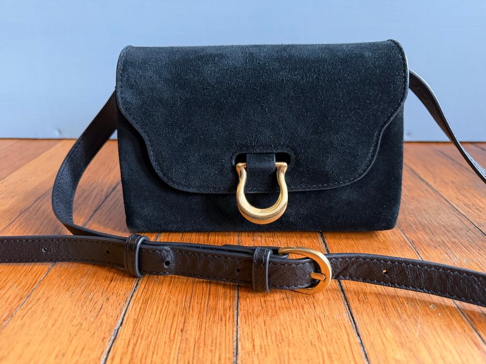 SANCIA Black Suede Leather Crossbody Bag w/Horseshoe Buckle